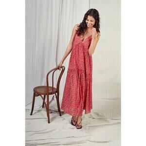 Joie Red Tea Rose Printed Bondi Tiered Cotton Summer Boho Midi Dress XL